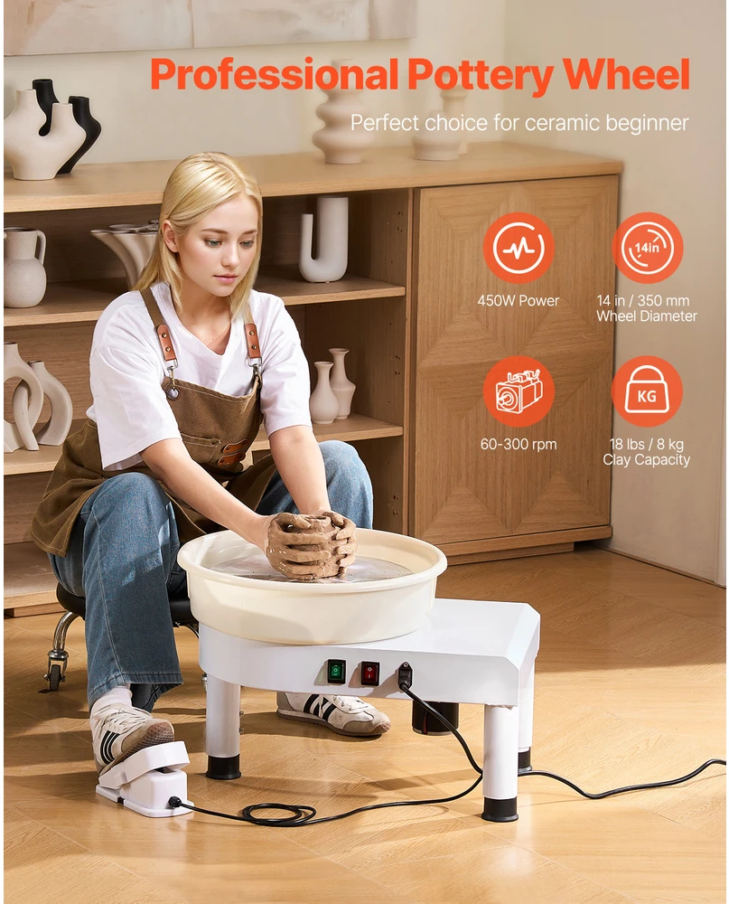 VEVOR Profesionalus elektrinis žiedimo ratas su kojiniu pedalu ir reguliuojamu aukščiu, 35 cm, 60–300 RPM, baltas