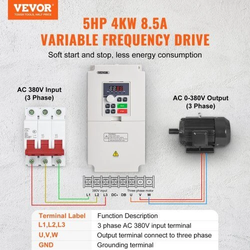 VEVOR Kintamo dažnio keitiklis 5AG 4KW 8.5A, įvestis 380V