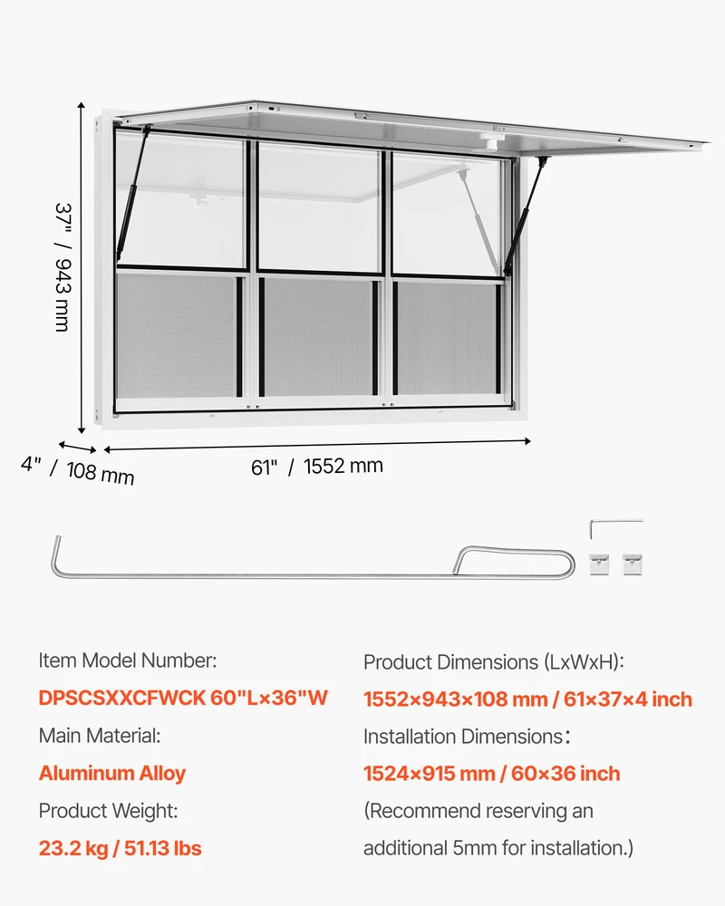 VEVOR 152x92 cm kiosko langas su stogeliu maisto furgonui