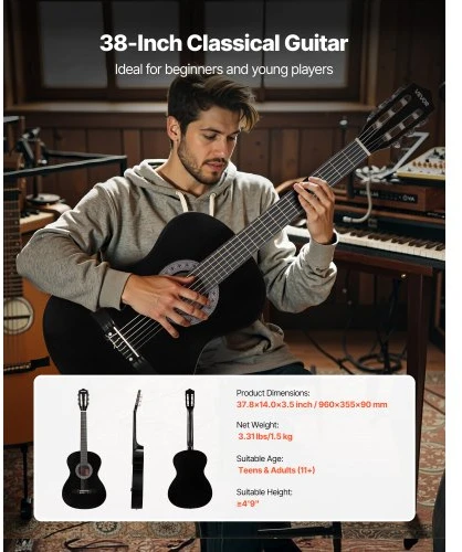 VEVOR Klasikinė gitara pradedantiesiems, juoda