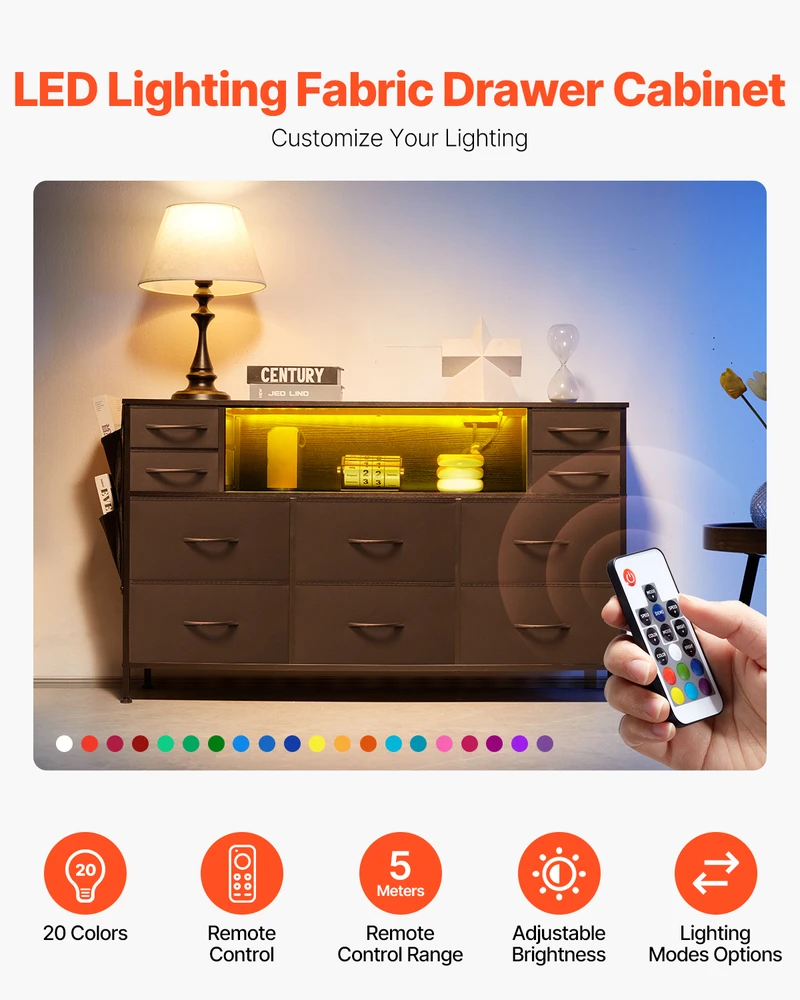 VEVOR 10 stalčių komoda su LED ir lizdu
