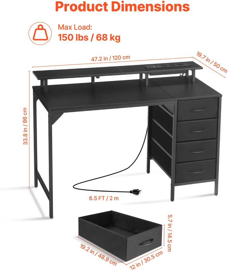 VEVOR 120 cm kompiuterio stalas su LED šviesomis ir elektros lizdais