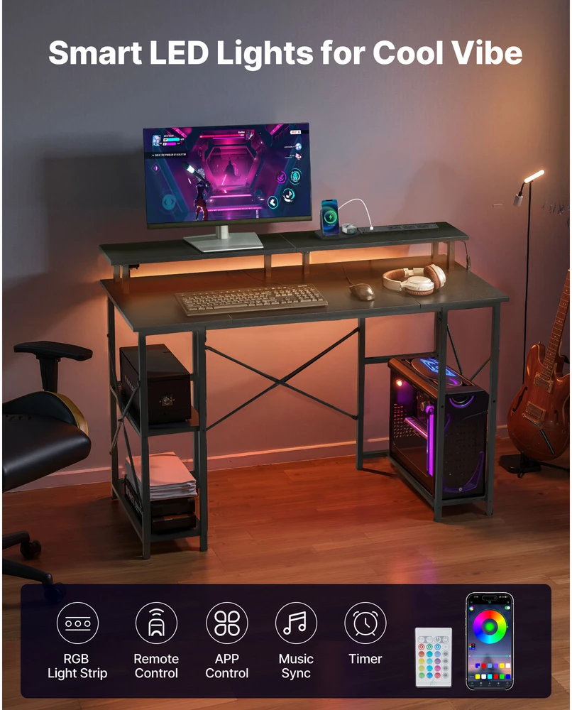 VEVOR 120 cm kompiuterio stalas su LED, maitinimo lizdais, apverčiamas žaidimų stalas su monitoriaus stovu, namų biuro darbo vieta, juodas stalas su lentynomis, modernūs baldai