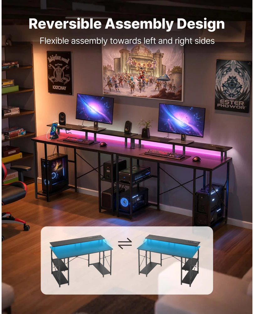 VEVOR 120 cm kompiuterio stalas su LED, maitinimo lizdais, apverčiamas žaidimų stalas su monitoriaus stovu, namų biuro darbo vieta, juodas stalas su lentynomis, modernūs baldai