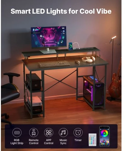 VEVOR 120 cm kompiuterio stalas su LED, maitinimo lizdais, apverčiamas žaidimų stalas su monitoriaus stovu, namų biuro darbo vieta, juodas stalas su lentynomis, modernūs baldai