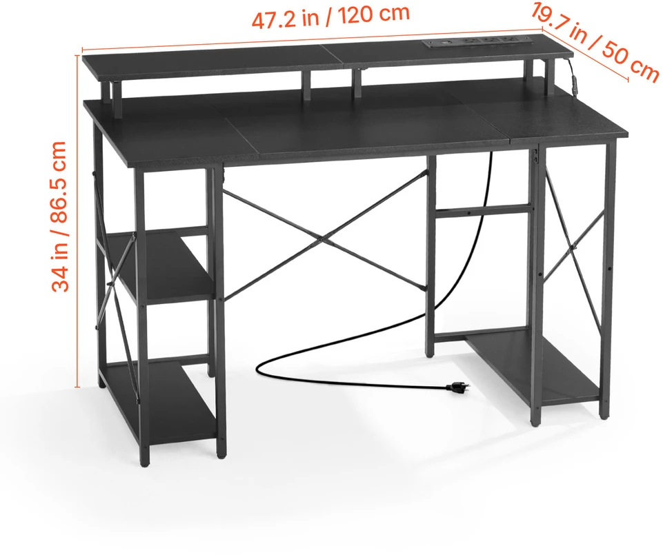 VEVOR 120 cm kompiuterio stalas su LED, maitinimo lizdais, apverčiamas žaidimų stalas su monitoriaus stovu, namų biuro darbo vieta, juodas stalas su lentynomis, modernūs baldai
