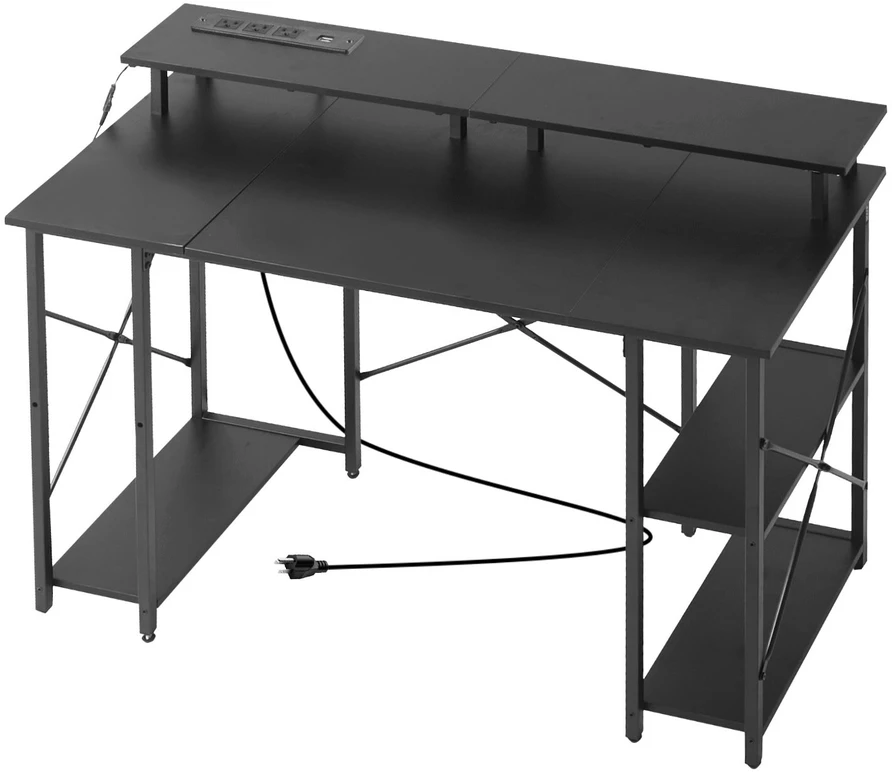 VEVOR 120 cm kompiuterio stalas su LED, maitinimo lizdais, apverčiamas žaidimų stalas su monitoriaus stovu, namų biuro darbo vieta, juodas stalas su lentynomis, modernūs baldai