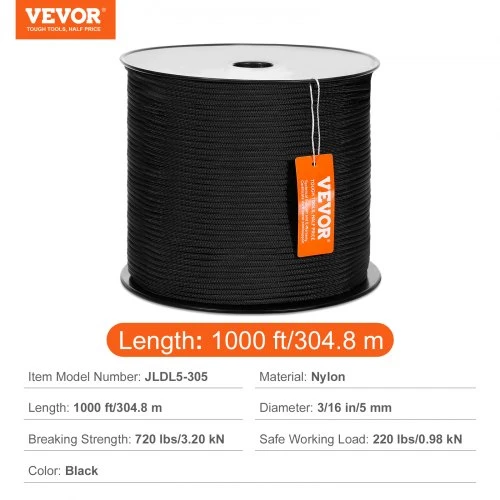 VEVOR Pynėtas nailoninis lynas 5 mm 304,8 m alpinistams