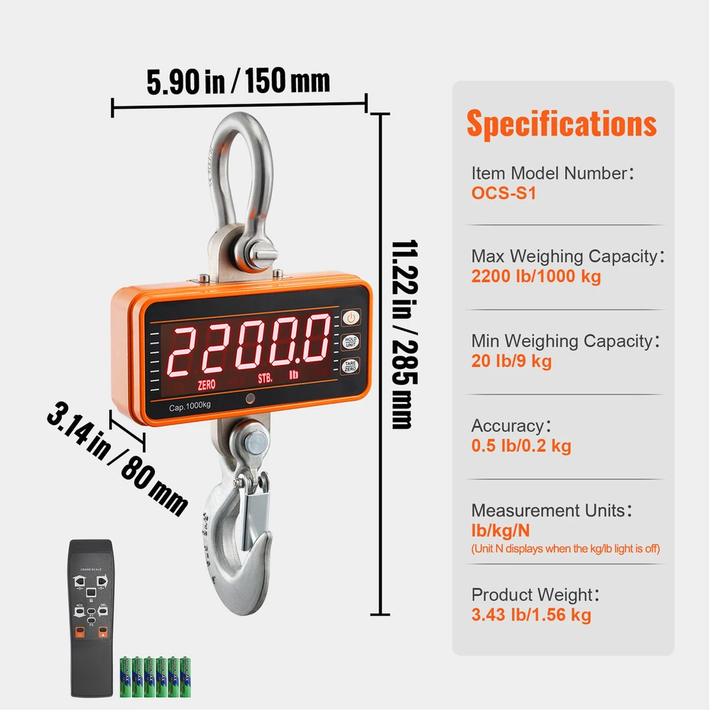 VEVOR Elektroninės svarstyklės kranui, 1000 kg