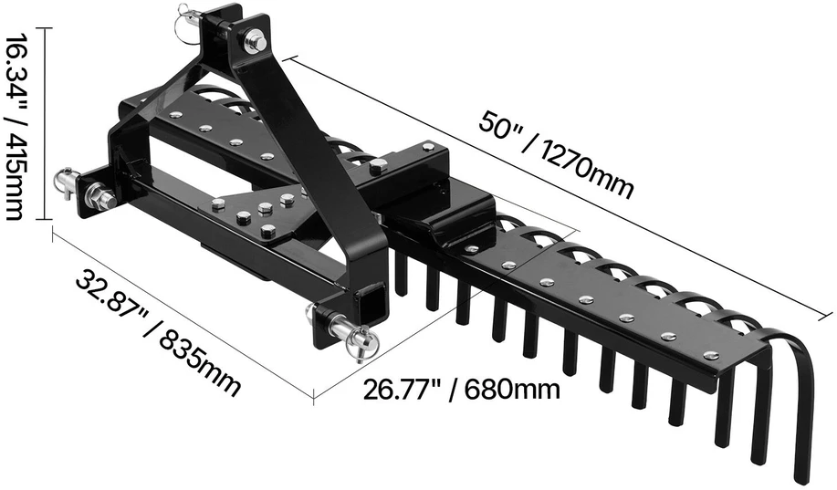 VEVOR 127 cm kraštovaizdžio grėblys, 17 plieninių dantų