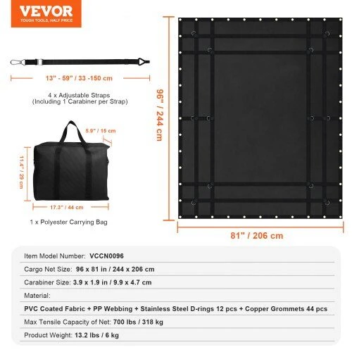 VEVOR Krovininis tinklas 244 x 206 cm reguliuojamas