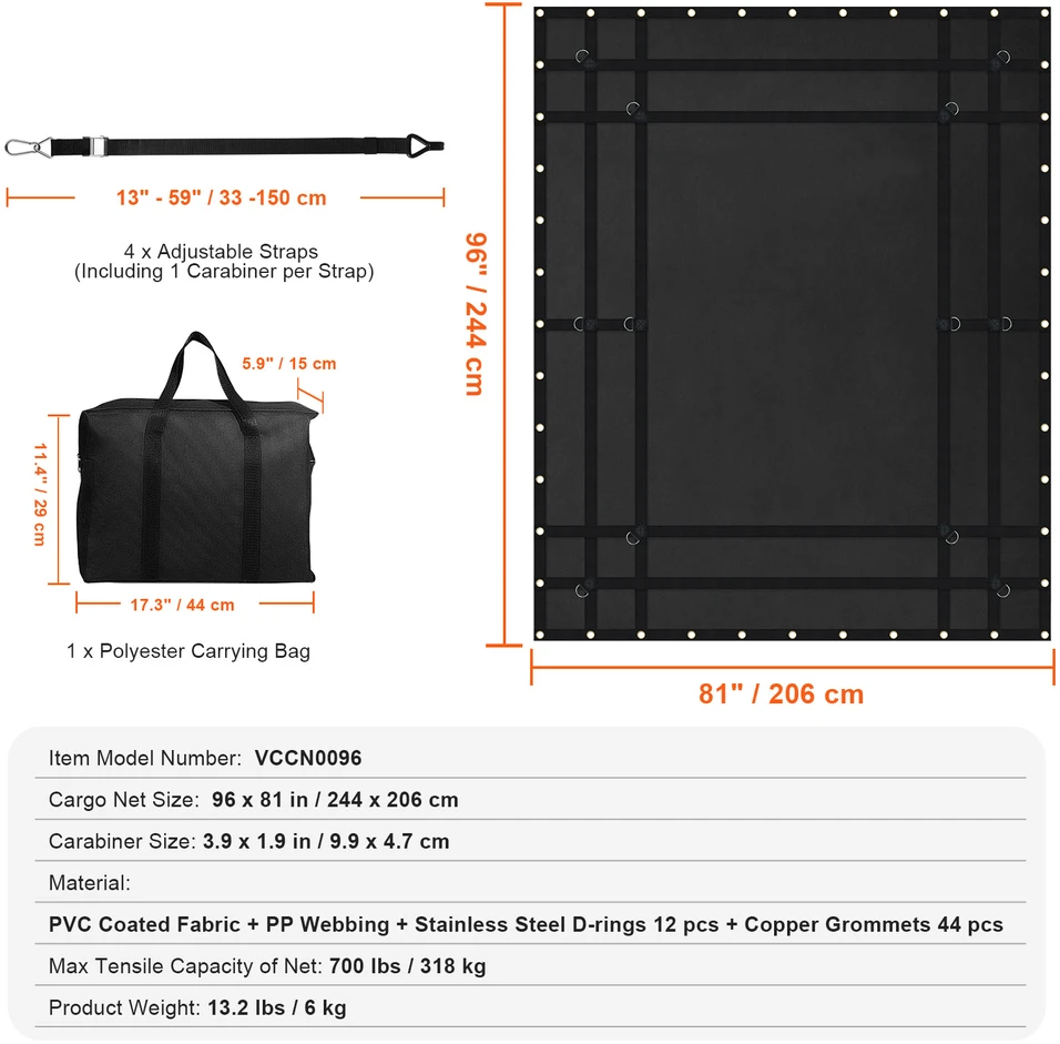 VEVOR Krovininis tinklas 244 x 206 cm reguliuojamas
