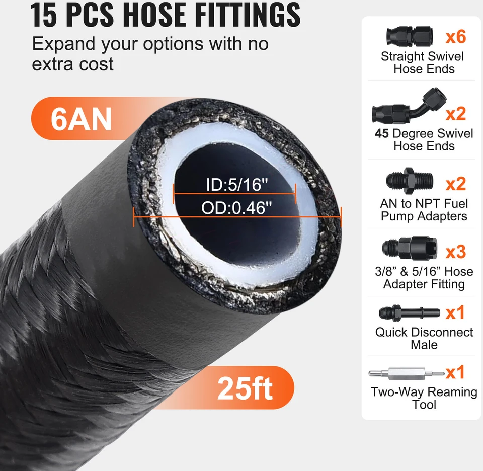 VEVOR 6AN kuro linijos rinkinys, 25 pėdų PTFE žarna