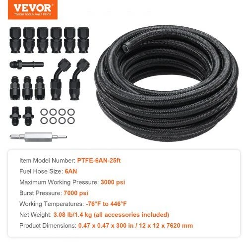 VEVOR 6AN kuro linijos rinkinys, 25 pėdų PTFE žarna