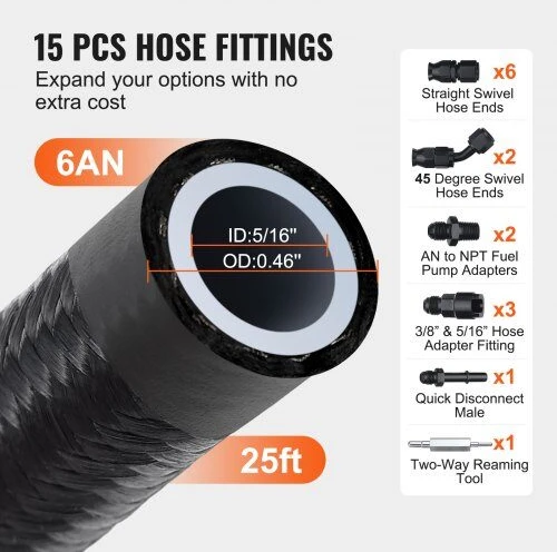 VEVOR 6AN kuro linijos rinkinys, 25 pėdų PTFE žarna