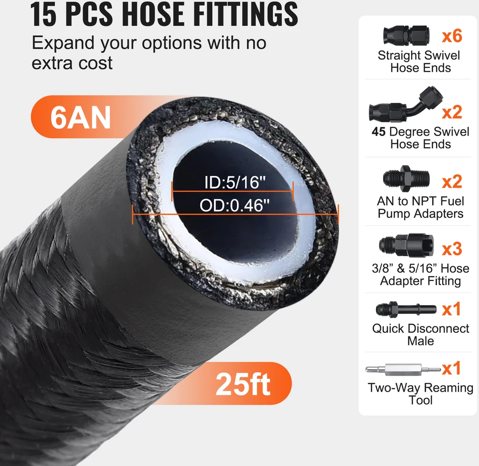 VEVOR 6AN kuro linijos rinkinys, 25 pėdų PTFE žarna
