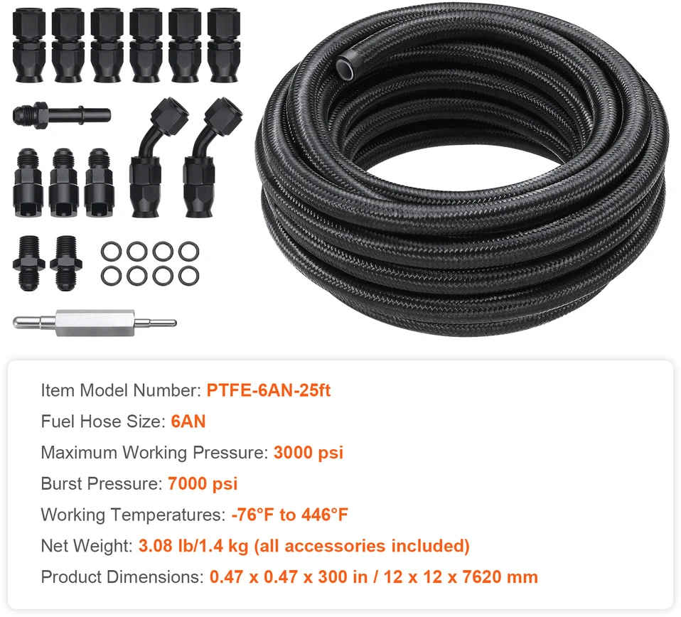 VEVOR 6AN kuro linijos rinkinys, 25 pėdų PTFE žarna