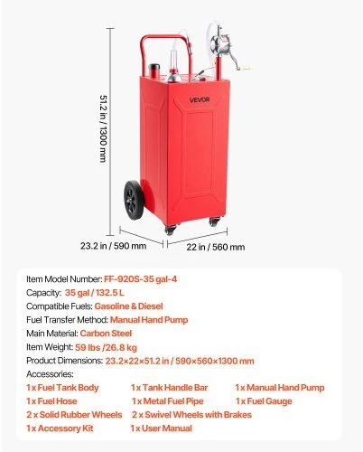 Vevor Kuro vežimėlis 132.5 l, anglinio plieno, su rankiniu siurbliu, 4 ratukai, raudonas