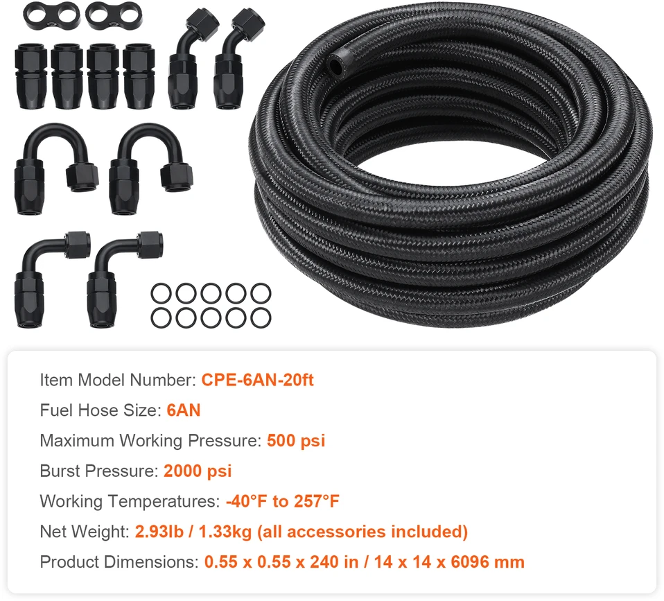 VEVOR 6AN kuro žarnos rinkinys, 6 m ilgio, juoda