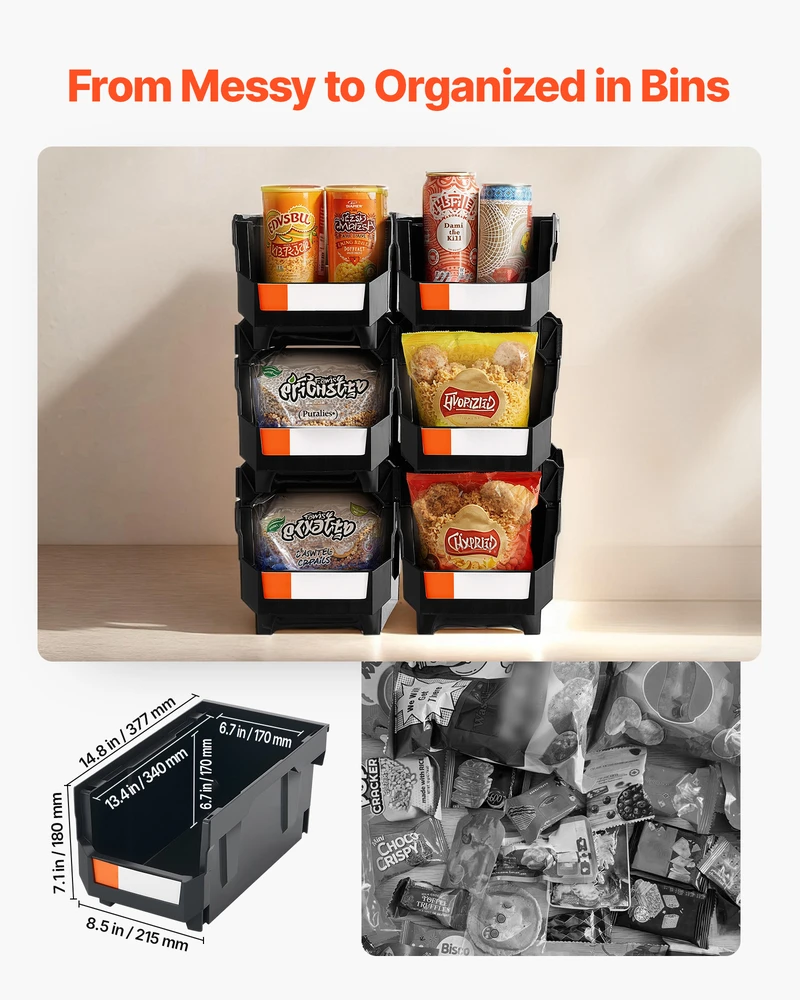 VEVOR Plastikinės sukraunamos saugojimo dėžės, 6 vnt., juodos