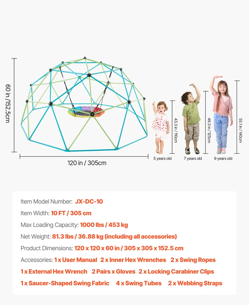 VEVOR 10 pėdų geometrinė laipiojimo kupolas su sūpynėmis