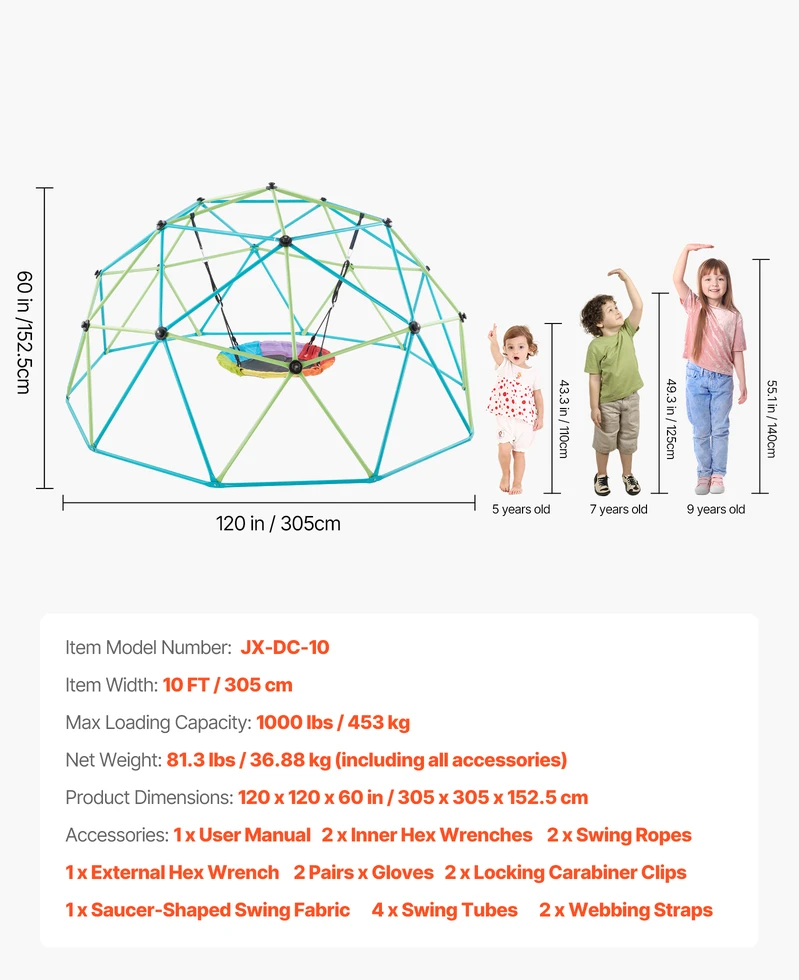 VEVOR 10 pėdų geometrinė laipiojimo kupolas su sūpynėmis