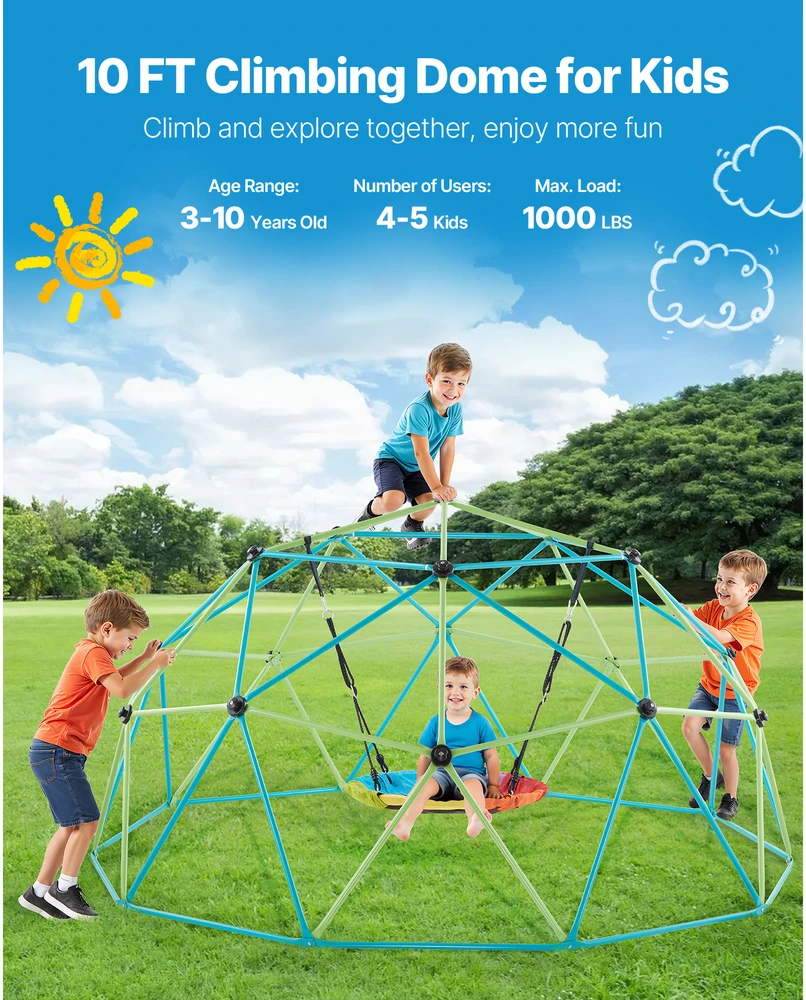 VEVOR 10 pėdų geometrinė laipiojimo kupolas su sūpynėmis