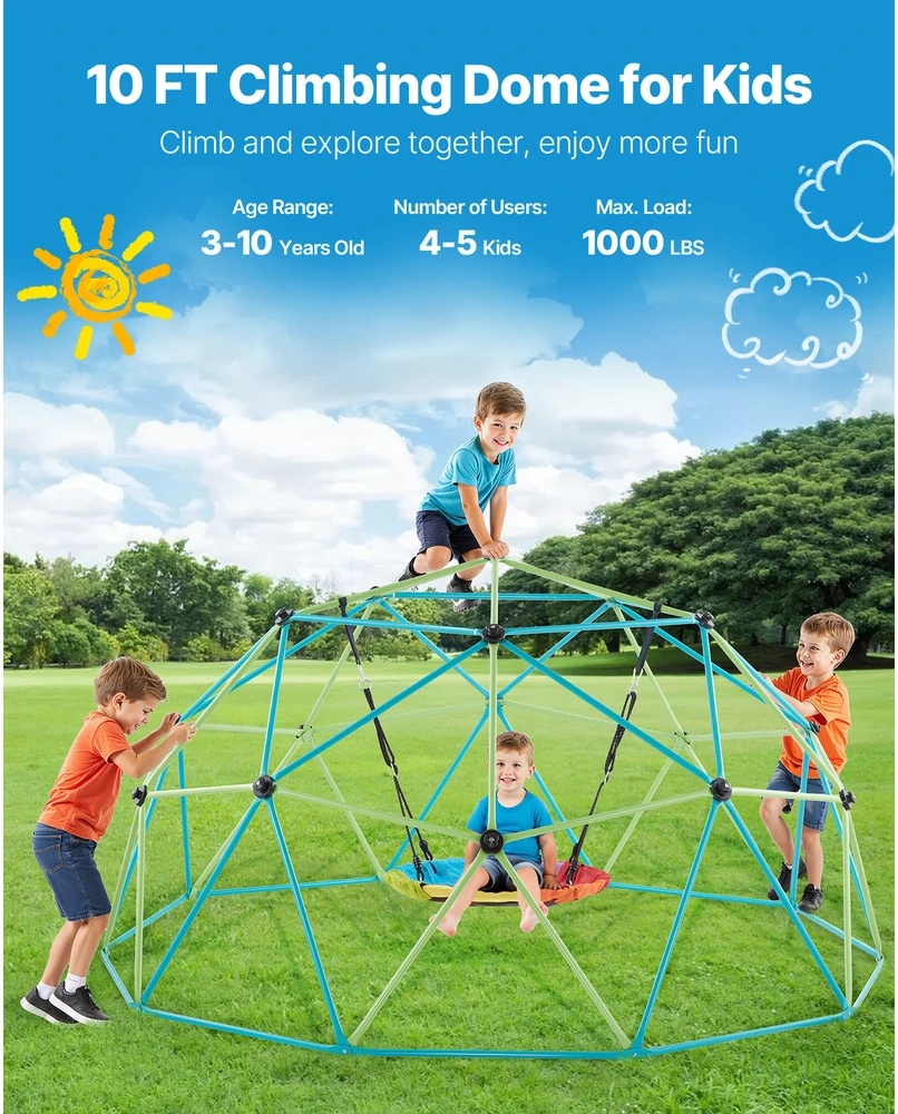 VEVOR 10 pėdų geometrinė laipiojimo kupolas su sūpynėmis