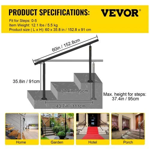 VEVOR Laiptų turėklų komplektas 5 FT, juodas aliuminis