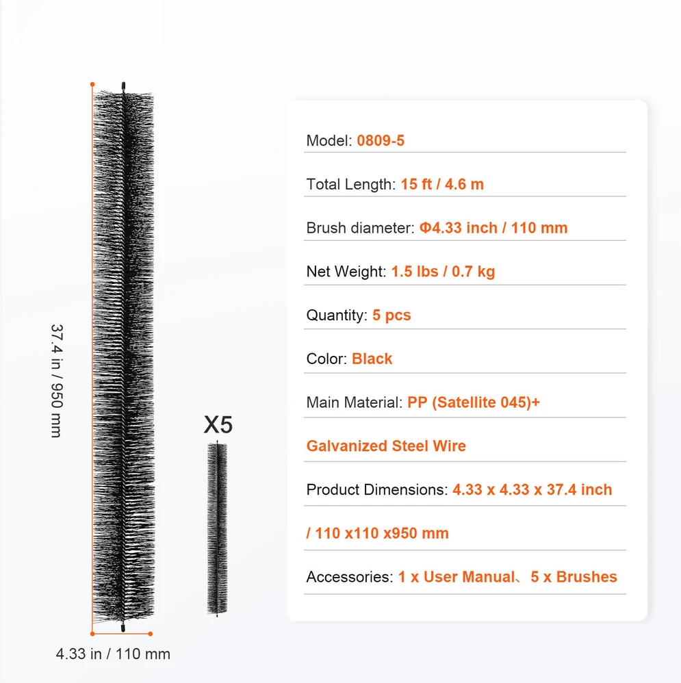 VEVOR 5 vnt. latakų šepetėlių sistema, 4,6 m ilgio, 110 mm skersmens