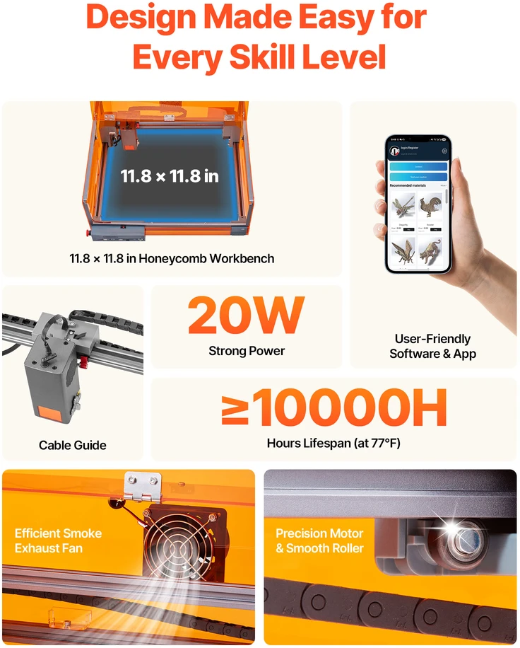 VEVOR Lazerinis graviravimo įrenginys, 20W, su gaubtu
