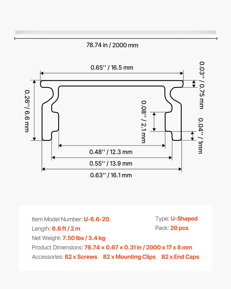 VEVOR 20 vnt. 2 m U formos LED aliuminio kanalas