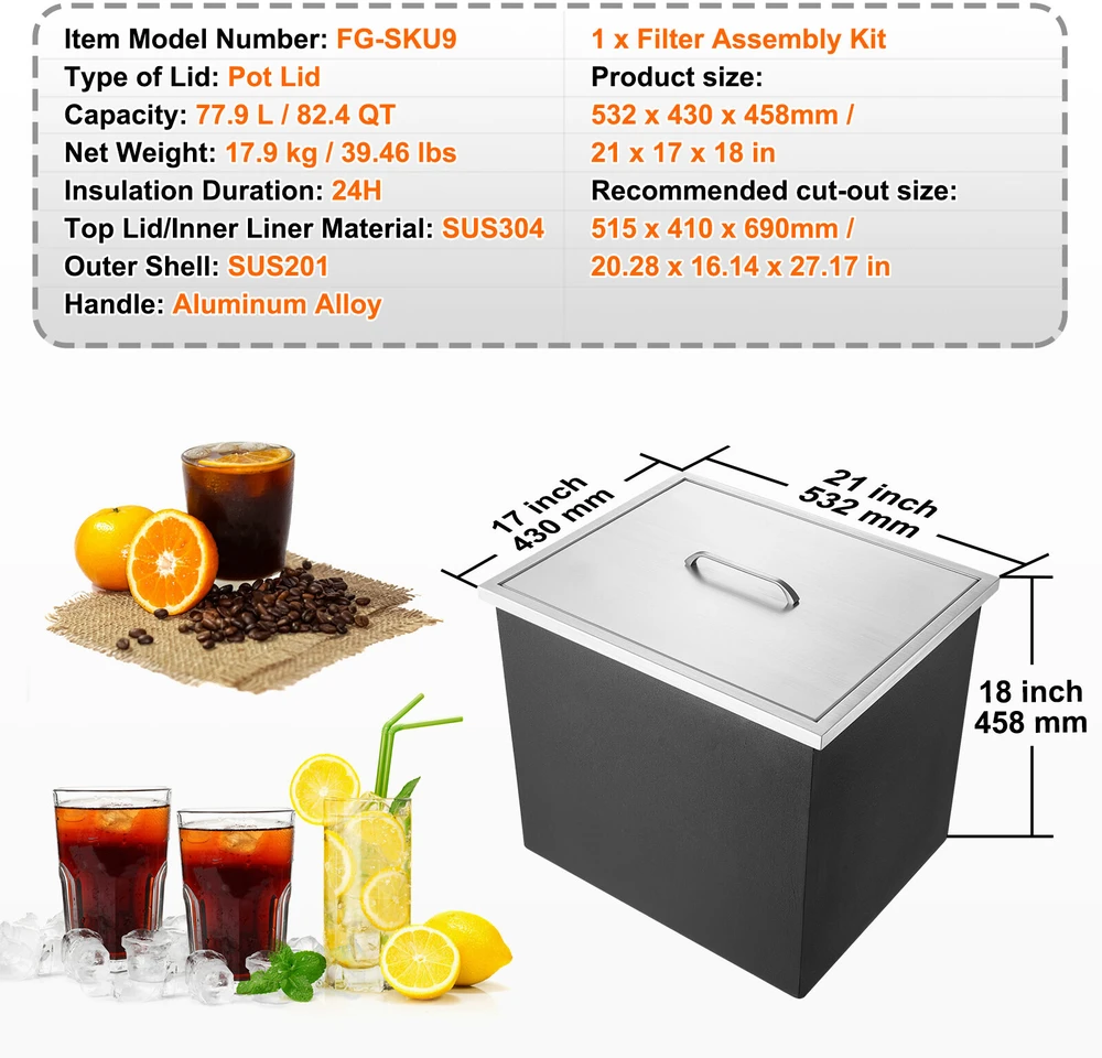 Šaldiklis VEVOR Įmontuojama ledo dėžė 21 x 17 x 18 cm