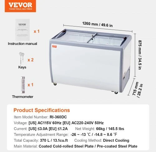 VEVOR 370 L ledų vitrina ir šaldiklis