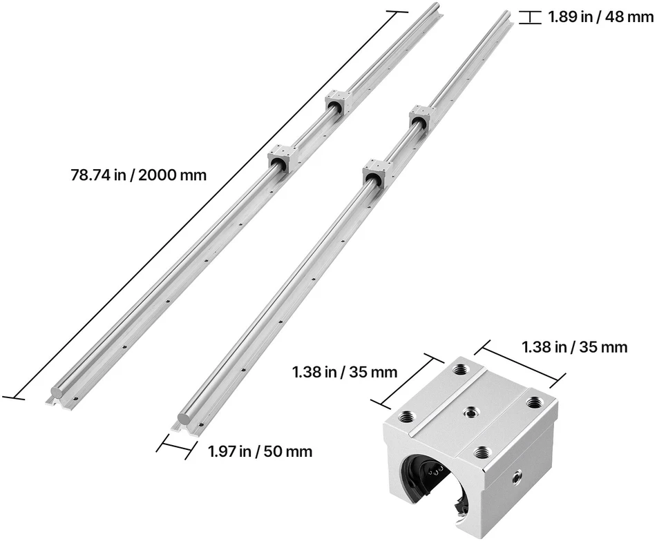 VEVOR Linearinis bėgelis SBR20 2000 mm, 4 guoliai