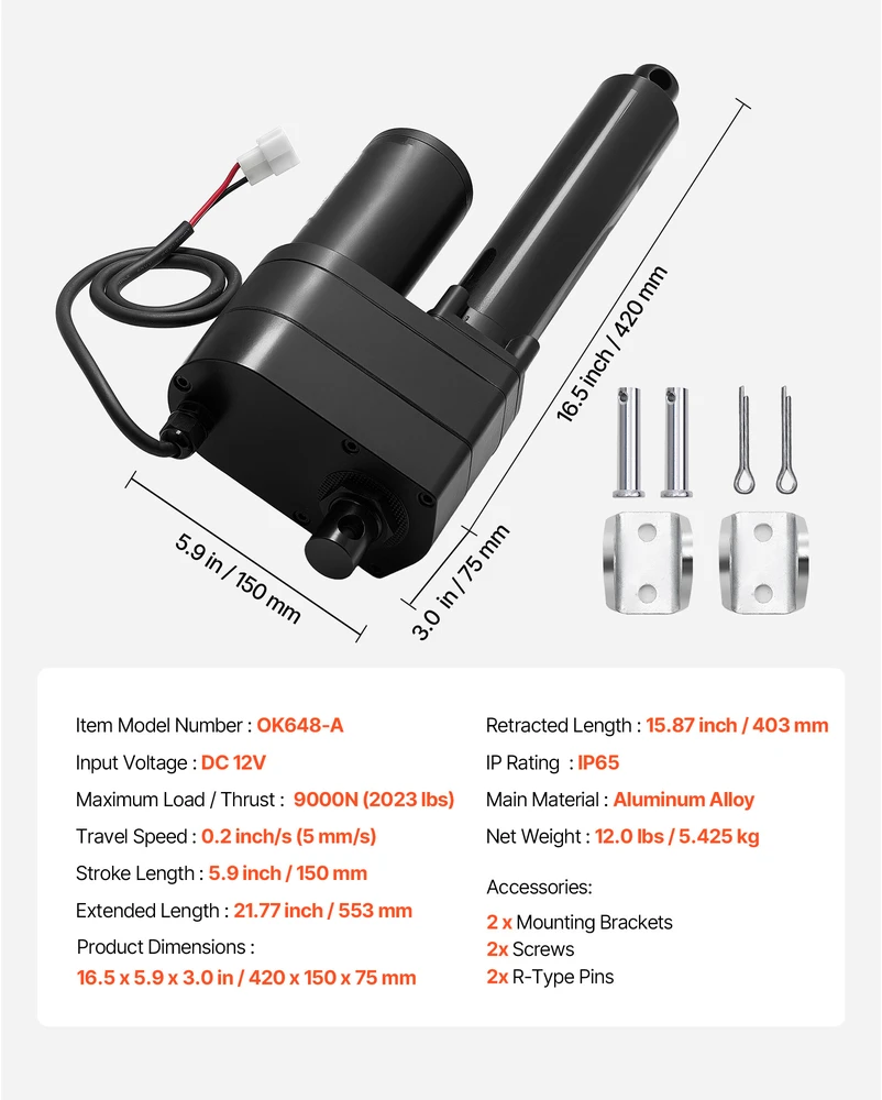 VEVOR 12V linijinis pavaros įtaisas, 150mm eiga, 9000N