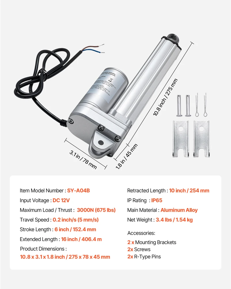 VEVOR 12V linijinis pavaras, IP65, 152mm eiga