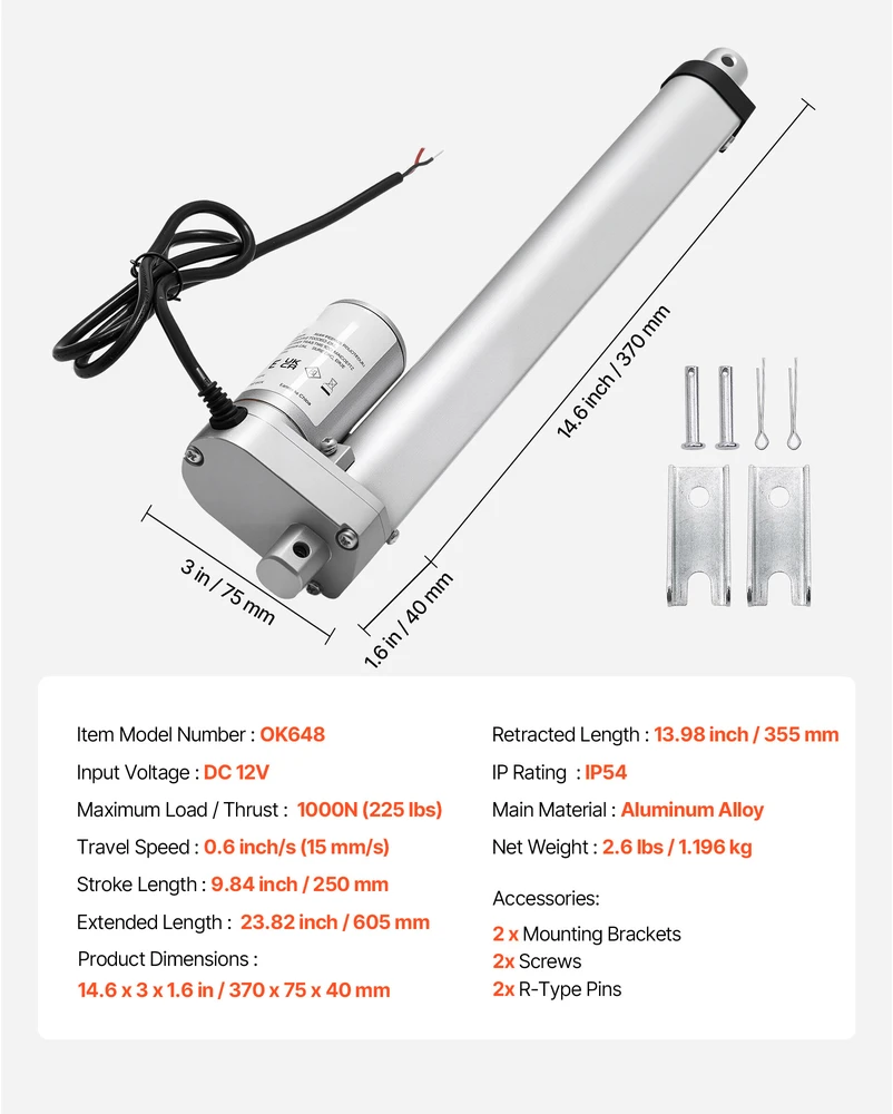 VEVOR 12V linijinis pavaras, 250mm eiga 15mm/s, 1000N