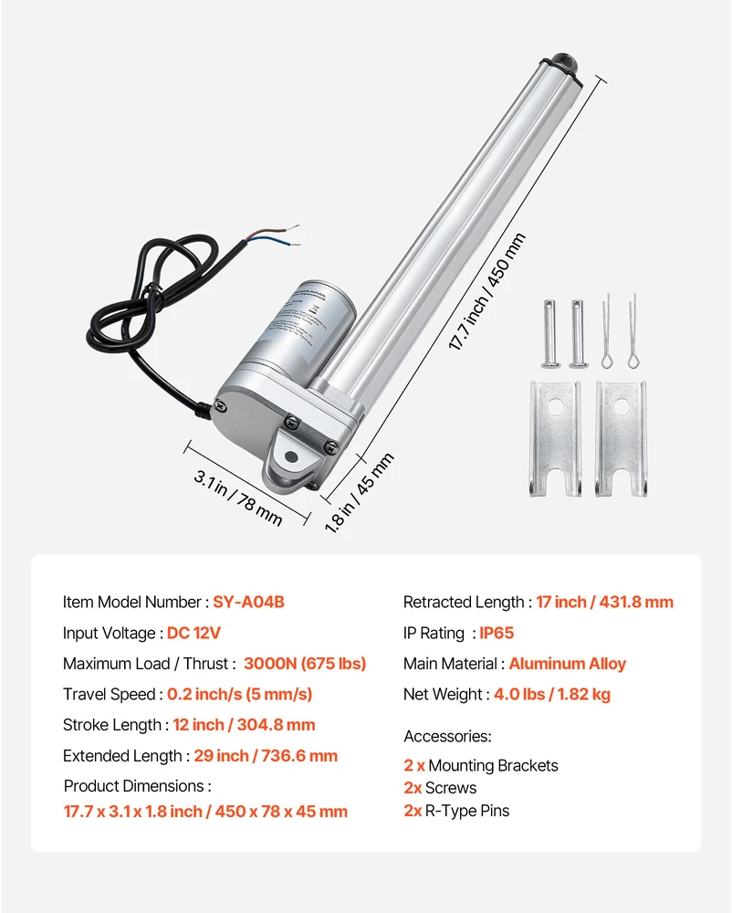 VEVOR 12V linijinis pavaras, 305 mm eiga, IP65