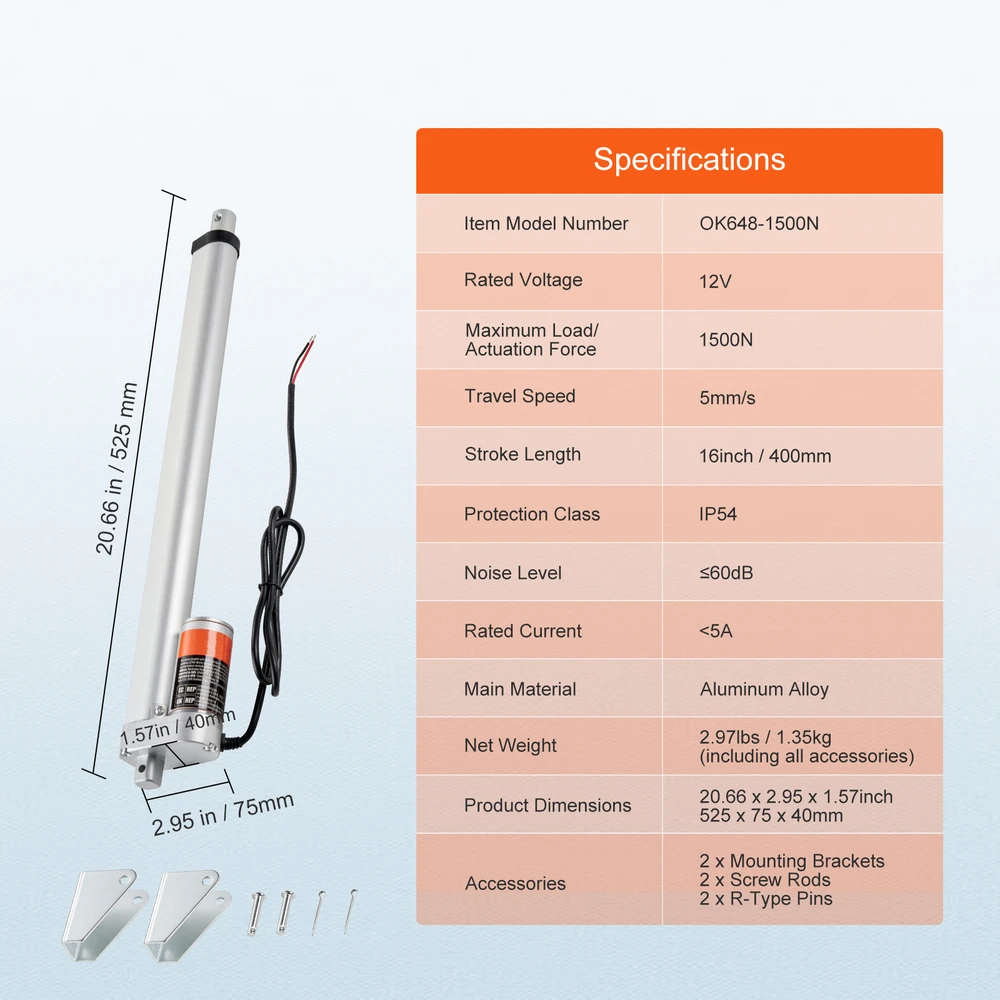 VEVOR 12V linijinis pavaras 16" 1500N