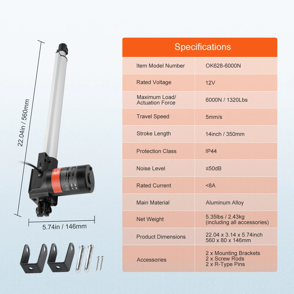 VEVOR 12V linijinis pavaras, 350 mm, 6000N