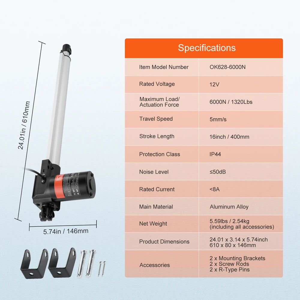 VEVOR linijinis pavaras 12V 16in 6000N IP44