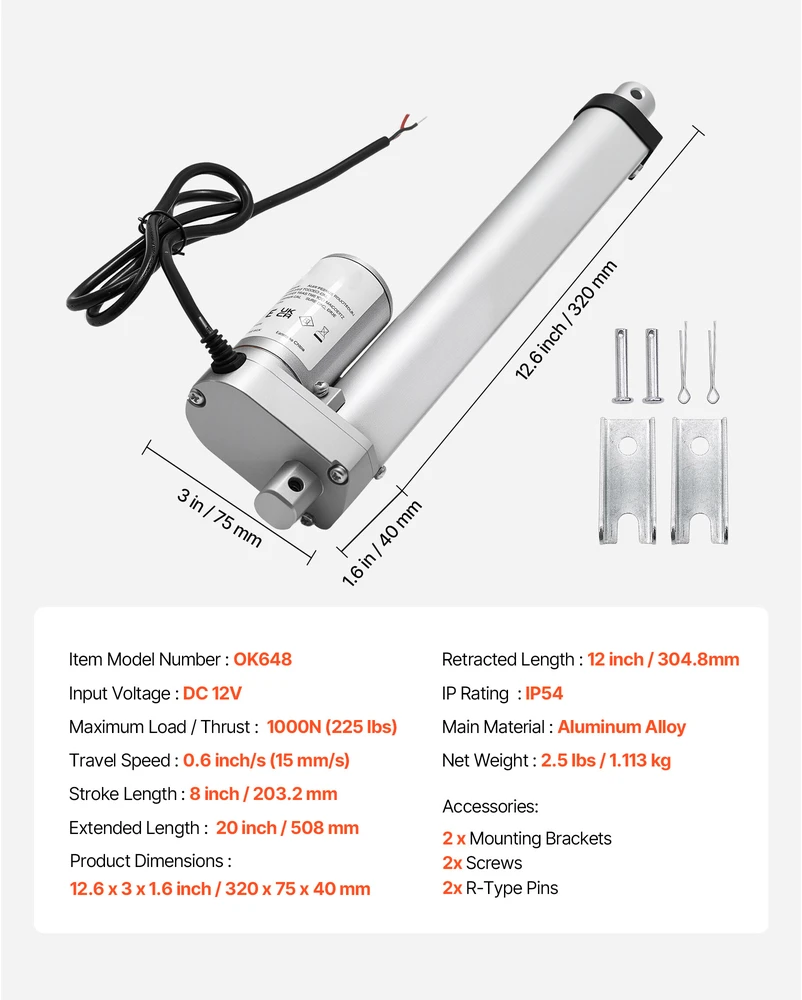 VEVOR 12V linijinis pavaras su 203,2 mm eiga