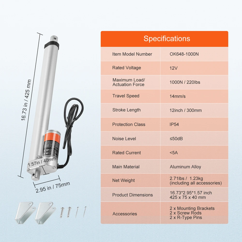 VEVOR Lyginis pavaras 12V 300mm 0.55cm/s