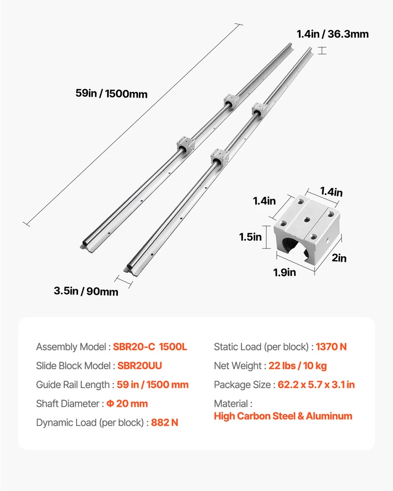 VEVOR Linijinio bėgio komplektas SBR20 1500 mm