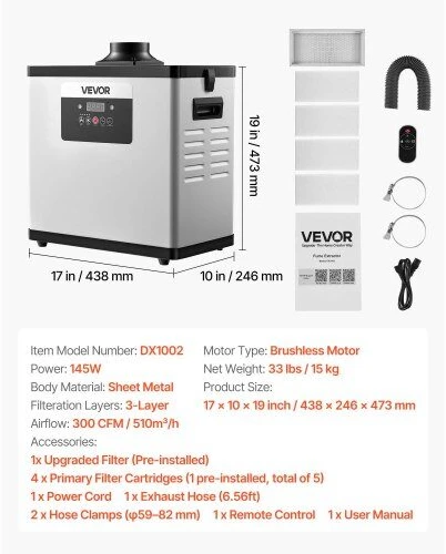 VEVOR Litavimo dūmų ištraukėjas su 510 m³/h stipriu siurbimu, 4 pakopų filtravimas lazeriniam graviravimui ir 3D spausdinimui, nuotolinio valdymo dūmų sugėriklis, bešepetėlis variklis, oro valytuvas