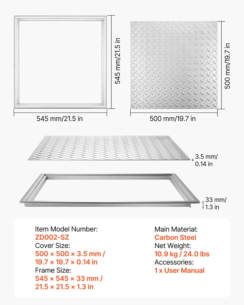 VEVOR Kvadratinis šulinio dangtis su rėmu 500x500mm