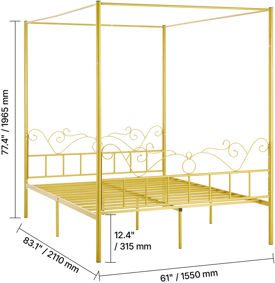 VEVOR Lovos rėmas su baldakimu 160x200, metalinė lova su galvūgaliu, moderni lova su užuolaidomis, dvigulė lova 160 cm, auksinė lova