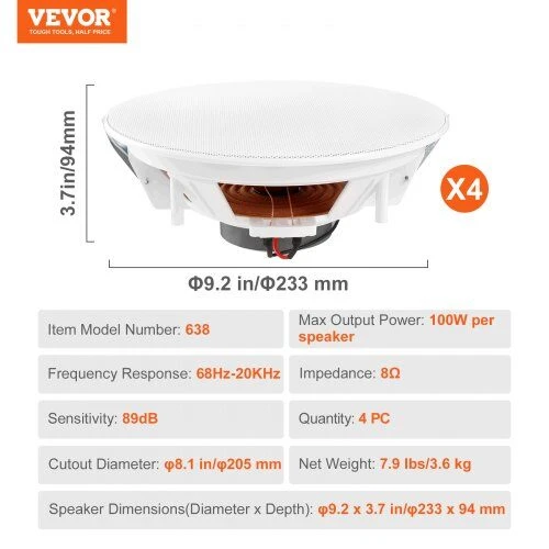 VEVOR 4 vnt. 20 cm lubiniai garsiakalbiai 100W
