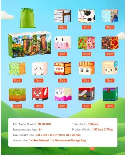VEVOR Magnetinės kaladėlės 150 vnt miško pilies rinkinys